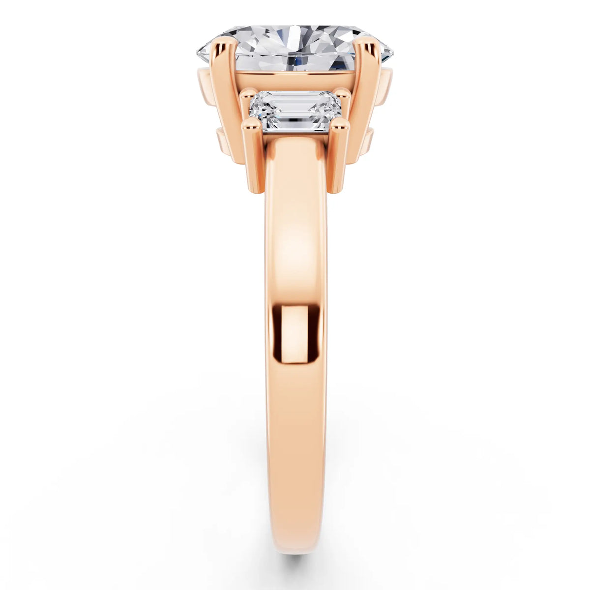 18 KT Rose Gold Oval Cut Diamond Three Stone Emerald Accent Ring - side view