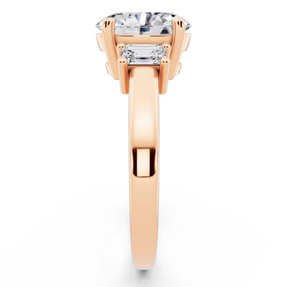 18 KT Rose Gold Oval Cut Diamond Three Stone Emerald Accent Ring - side view