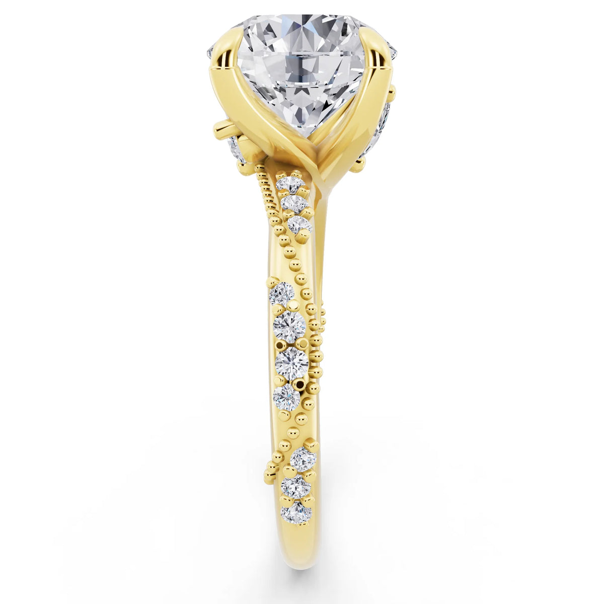 18 KT Yellow Gold Round Cut Diamond Ring with Marquise Accent - side view