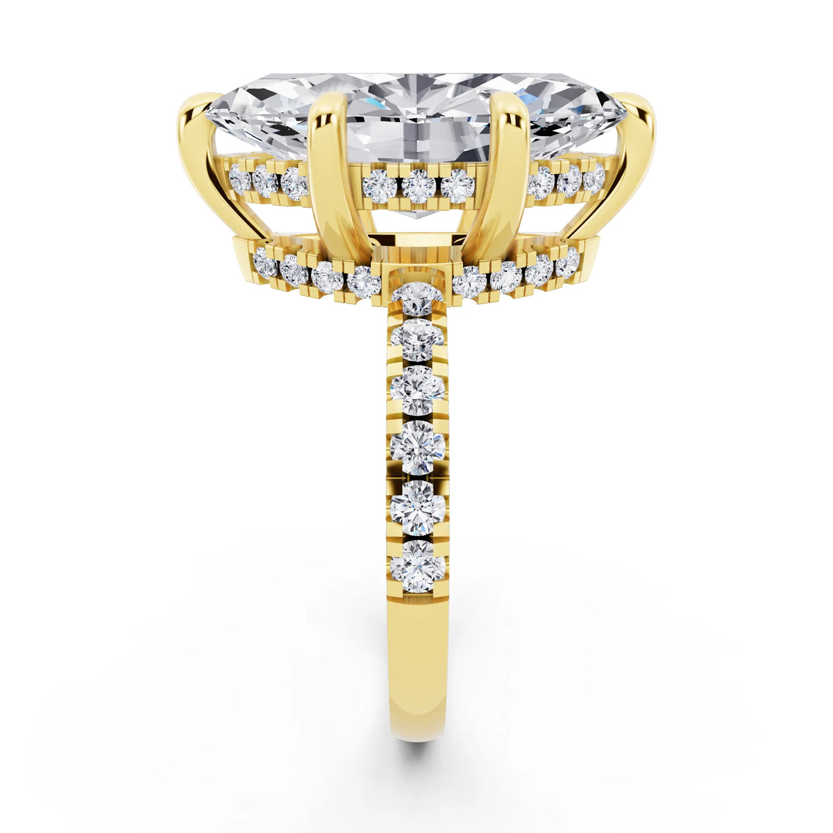 18 KT Yellow Gold Marquise Cut Diamond Hidden Halo Tiger Prong Pave Band Ring - side view