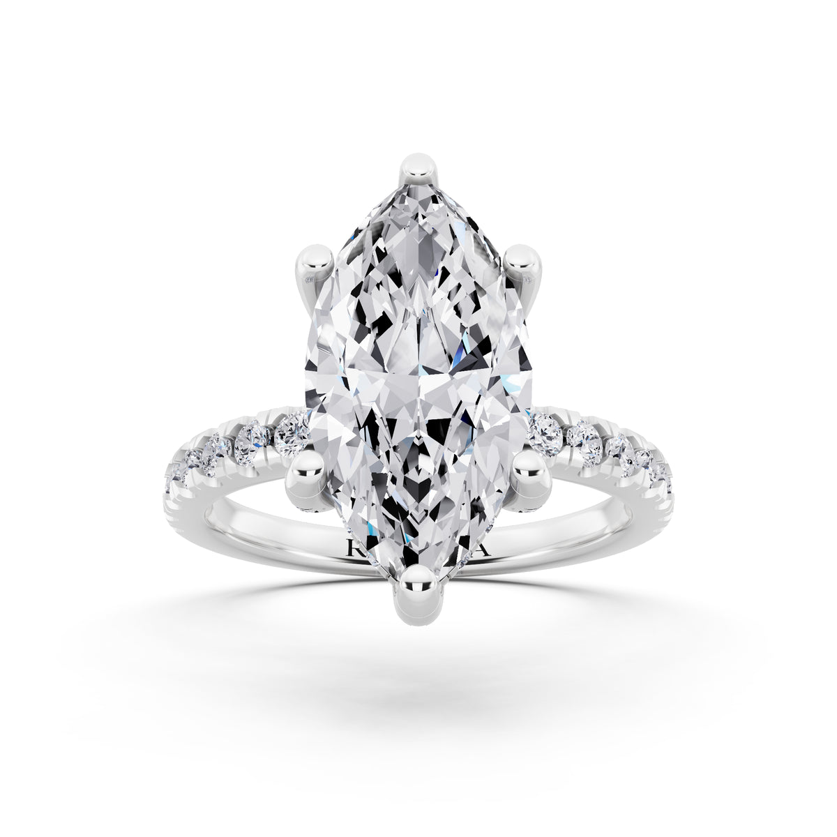 18 KT White Gold Marquise Cut Diamond Hidden Halo Ring with Pave Shank - front view