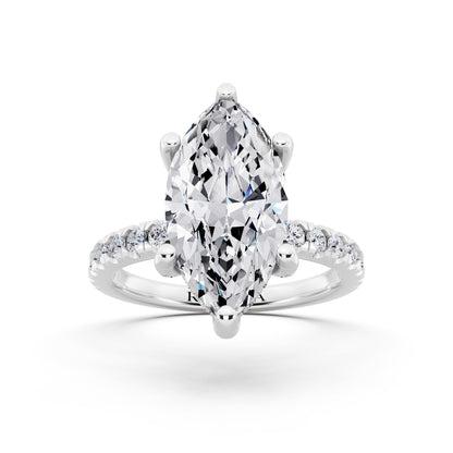 18 KT White Gold Marquise Cut Diamond Hidden Halo Ring with Pave Shank - front view