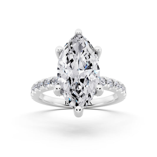 18 KT White Gold Marquise Cut Diamond Hidden Halo Ring with Pave Shank - front view