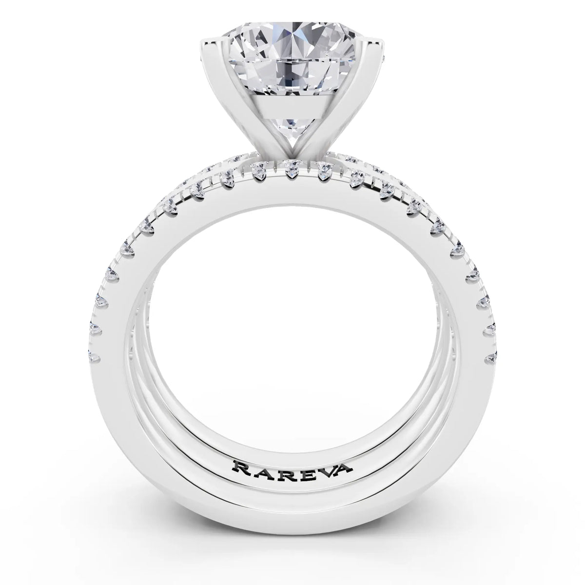 Platinum Round Cut Diamond Solitaire Twin Pave Band Stack Ring - through finger