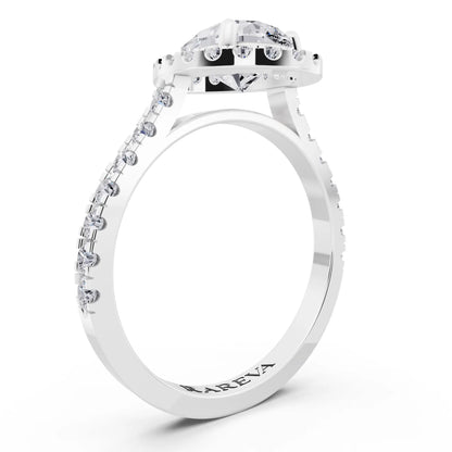 18 KT White Gold Pear Cut Diamond Halo Ring with Pave Band - Top view