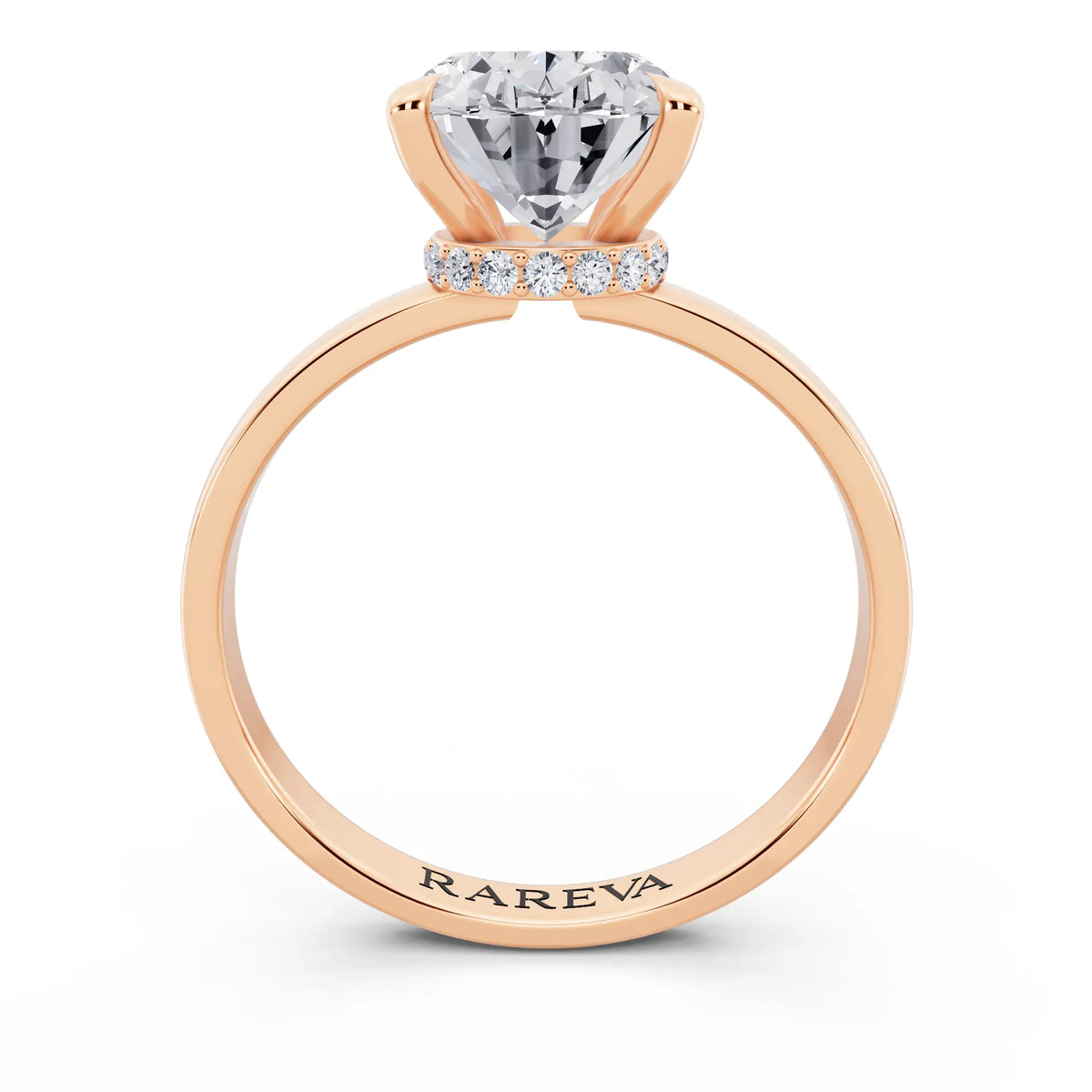 14 KT Rose Gold Oval Cut Diamond Solitaire Ring with Pave Collar - through finger