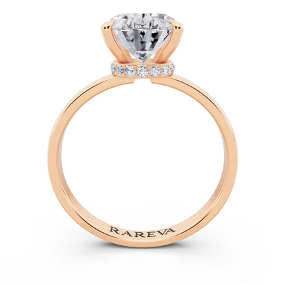 14 KT Rose Gold Oval Cut Diamond Solitaire Ring with Pave Collar - through finger