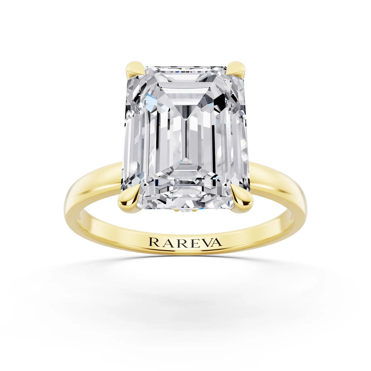 18 KT Yellow Gold Emerald Cut Diamond Solitaire Ring with Pave Collar - front view