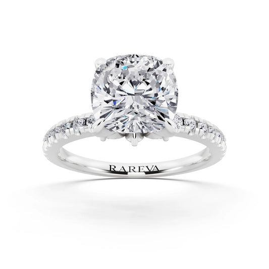18 KT White Gold Cushion Cut Diamond Solitaire Ring with Marquise Collar - front view