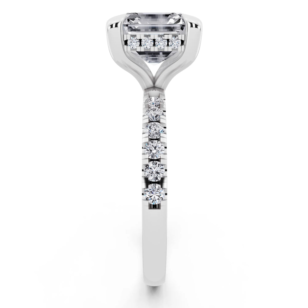 18 KT White Gold Asscher Cut Diamond Solitaire Ring with Round Pavé Band and Prong Setting - side view