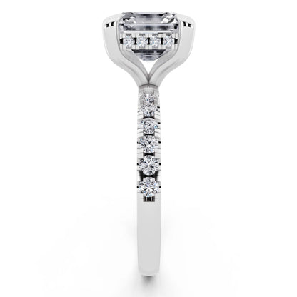 18 KT White Gold Asscher Cut Diamond Solitaire Ring with Round Pavé Band and Prong Setting - side view