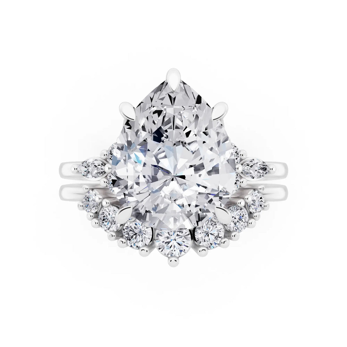 18 KT White Gold Pear Cut Diamond Ring with Curved Cluster Band - top angle