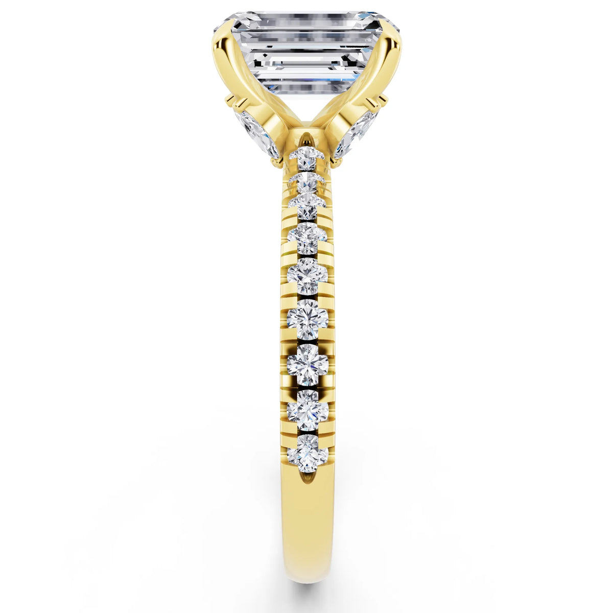 18 KT Yellow Gold Emerald Cut Diamond Solitaire Ring with Marquise Collar - side view