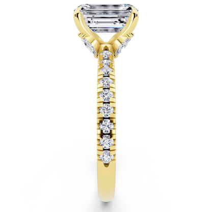18 KT Yellow Gold Emerald Cut Diamond Solitaire Ring with Marquise Collar - side view