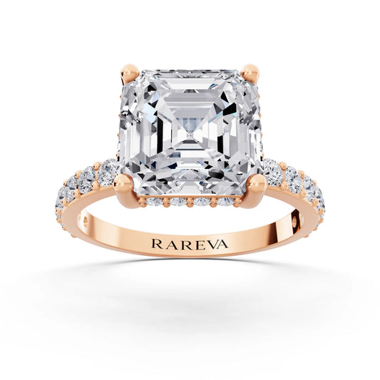 18 KT Rose Gold Asscher Cut Diamond Solitaire Ring with Hidden Halo and Pave Band - front view