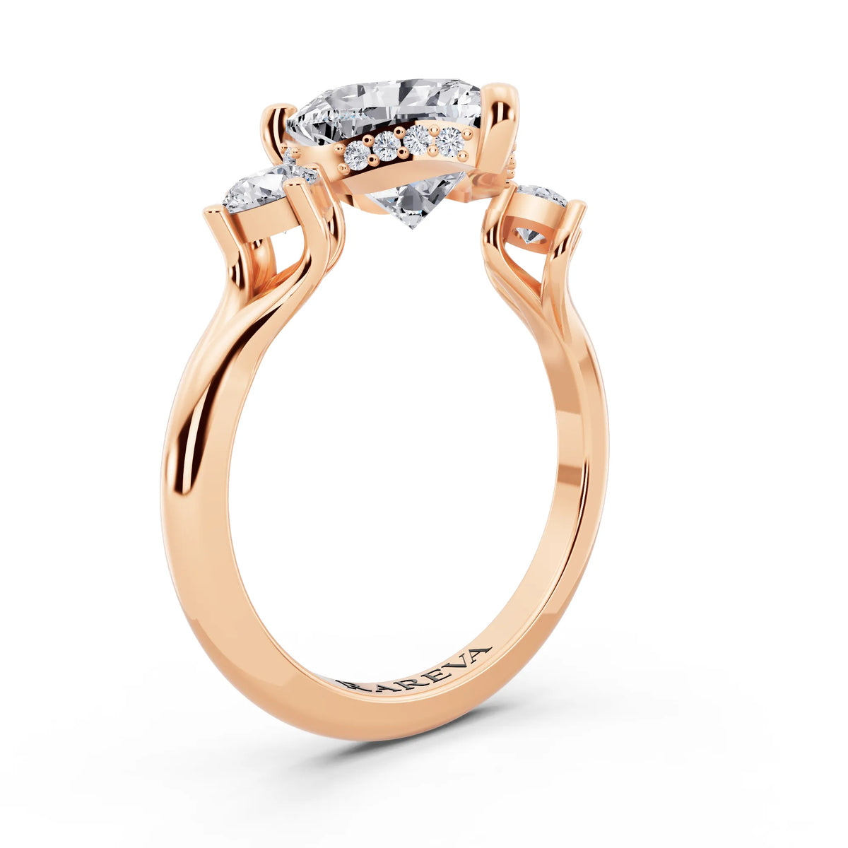 14 KT Rose Gold Heart Cut Diamond Three Stone Engagement Ring with Hidden Halo - top view