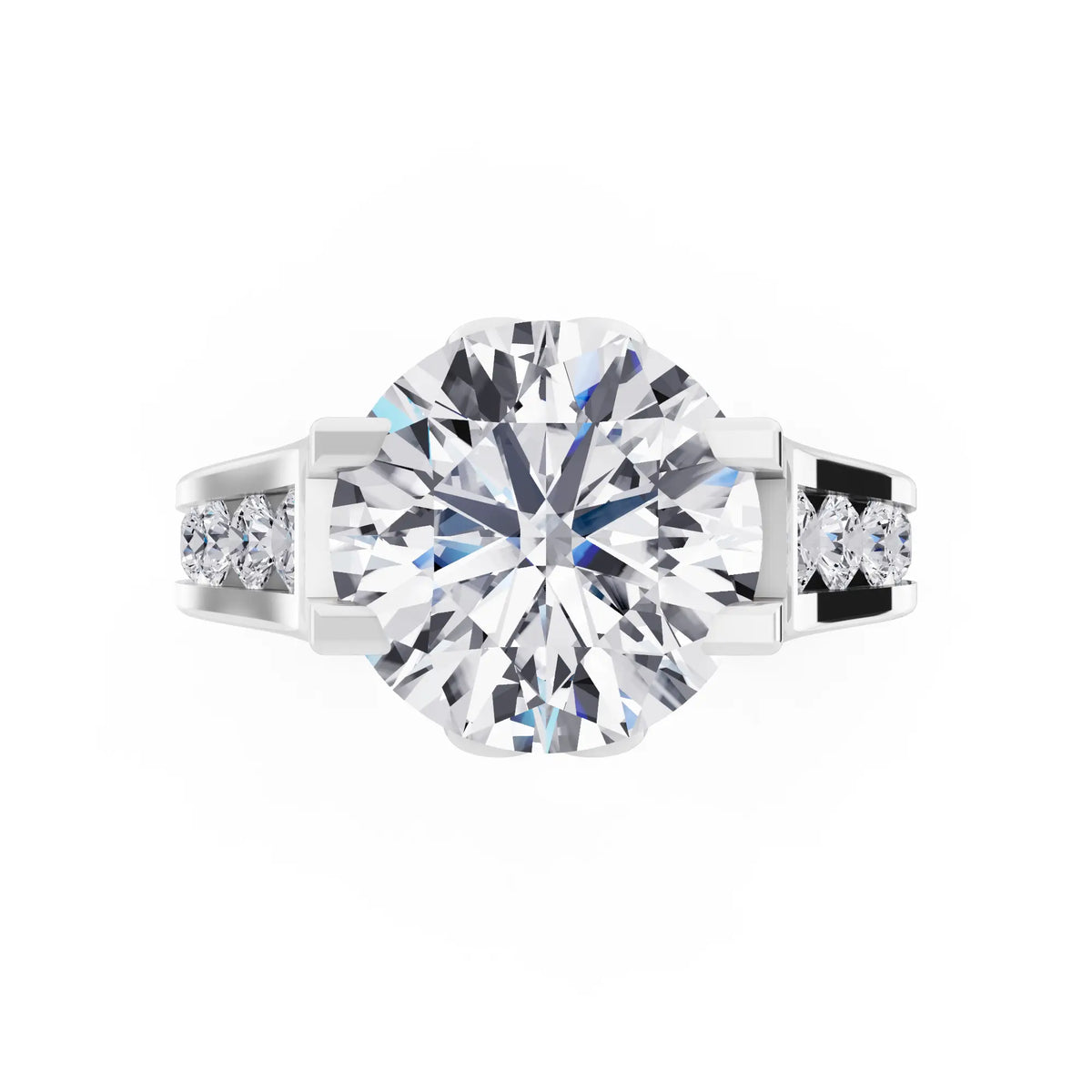 Platinum Round Cut Diamond Solitaire Ring with Graduated Channel Band - Top down