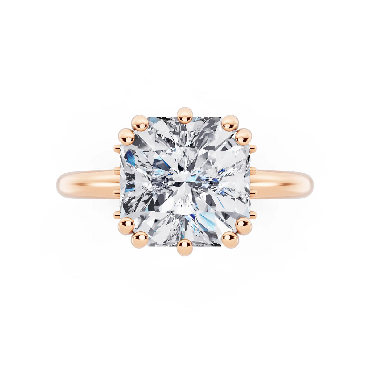 14 KT Rose Gold Asscher Cut Diamond Solitaire Ring with Hidden Accent Basket - top angle