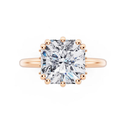 14 KT Rose Gold Asscher Cut Diamond Solitaire Ring with Hidden Accent Basket - top angle