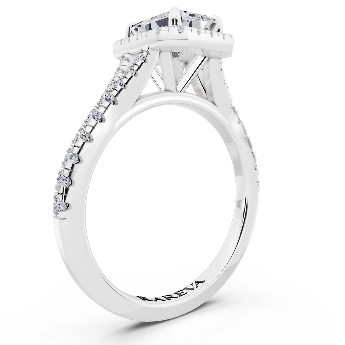 14 KT White Gold Emerald Cut Diamond Halo Ring with Split Shank - top view