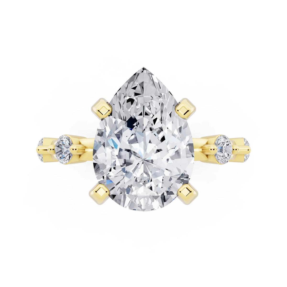 18 KT Yellow Gold Pear Cut Diamond Solitaire Ring with Floating Diamond Accents - top angle