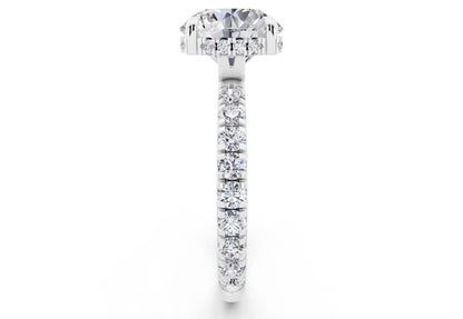 18 KT White Gold Round Cut Diamond Solitaire Ring with Hidden Halo and French Pave Band - side view