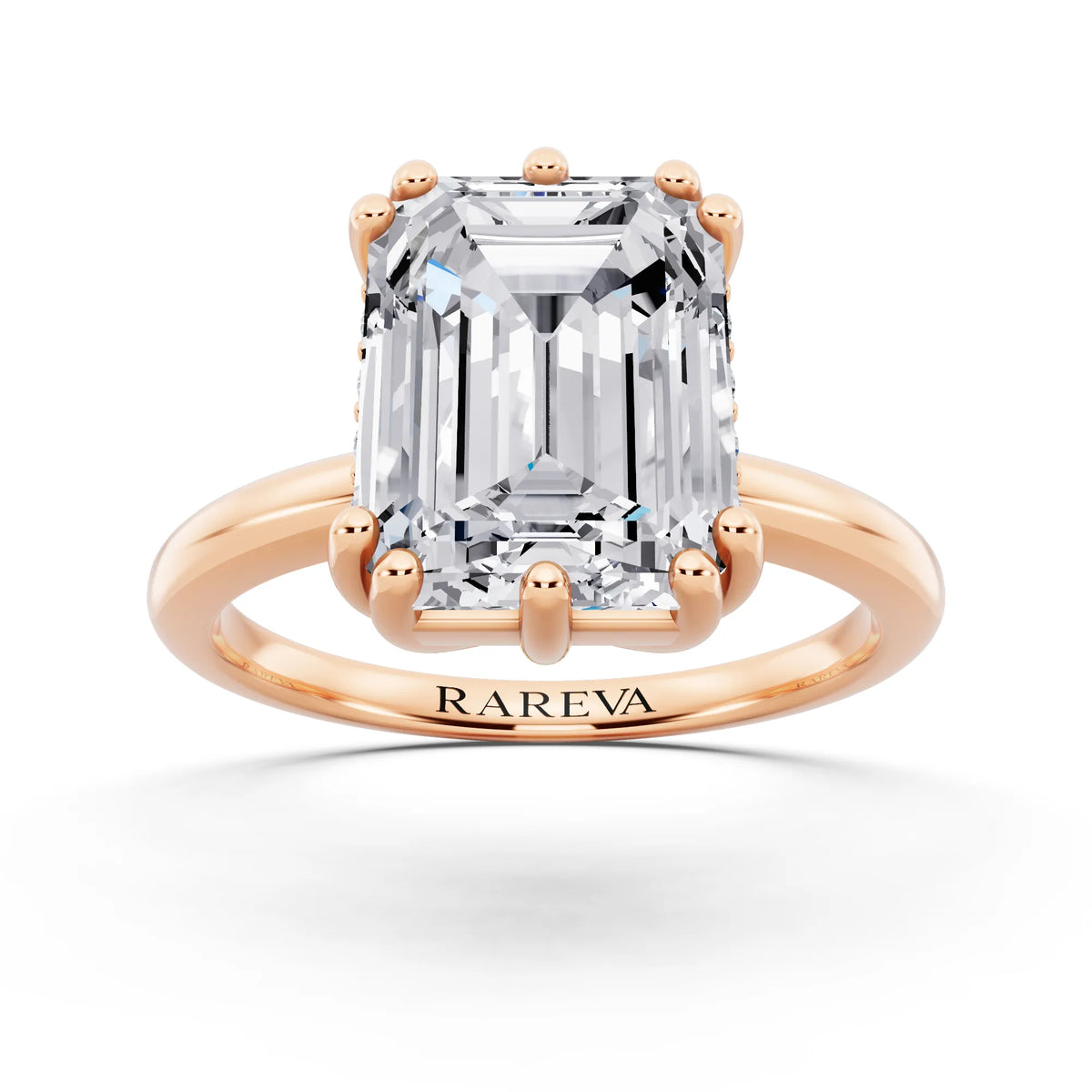 14 KT Rose Gold Emerald Cut Diamond Solitaire Ring with Hidden Accent Basket - front view