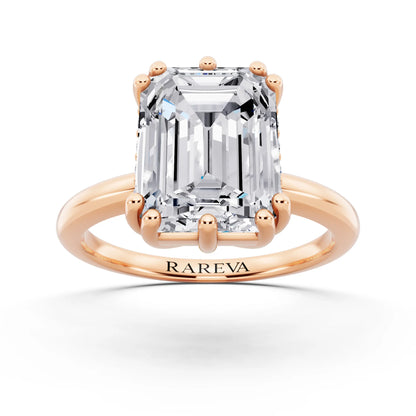 14 KT Rose Gold Emerald Cut Diamond Solitaire Ring with Hidden Accent Basket - front view