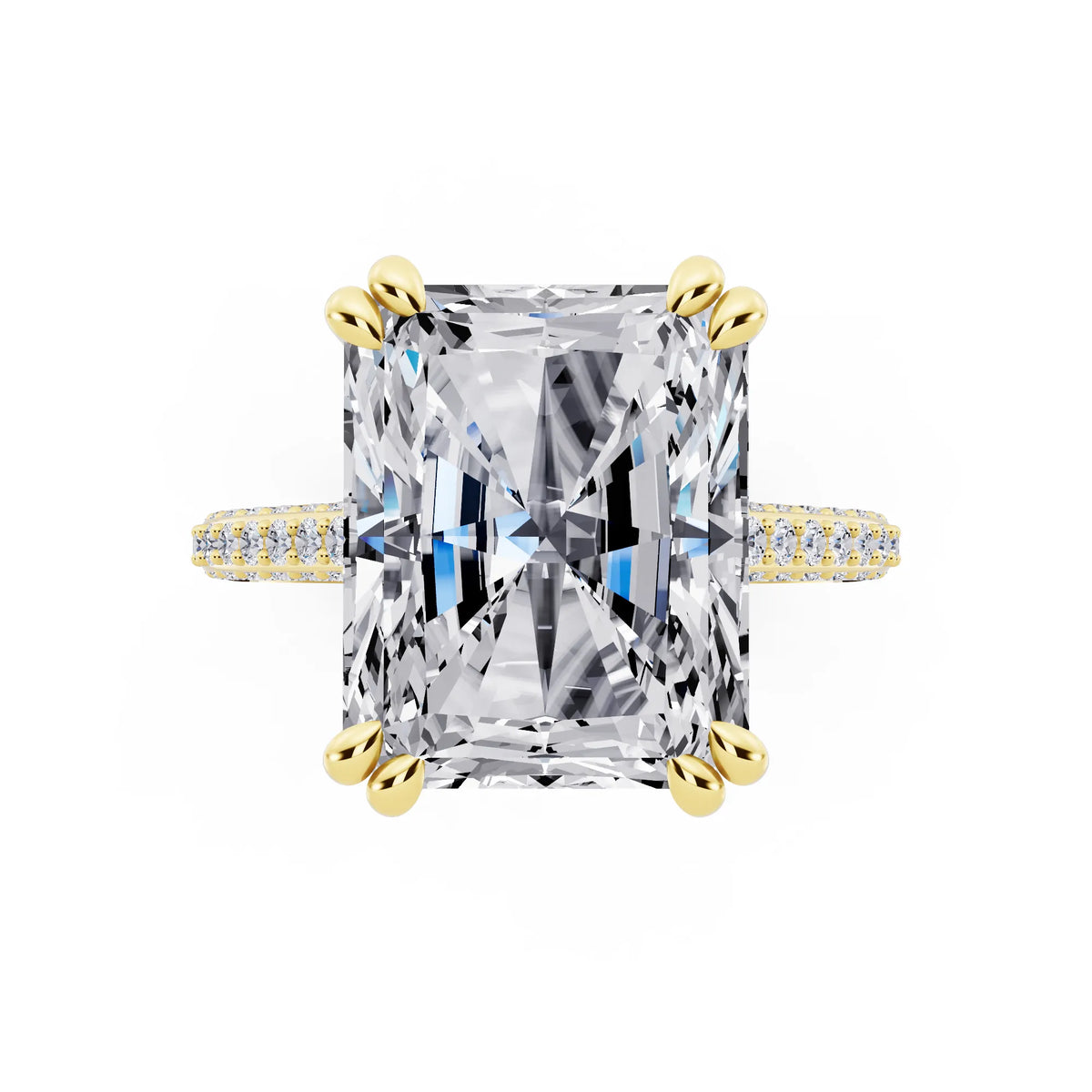 18 KT Yellow Gold Radiant Cut Diamond Hidden Halo Double Claw Pave Band Ring - top angle