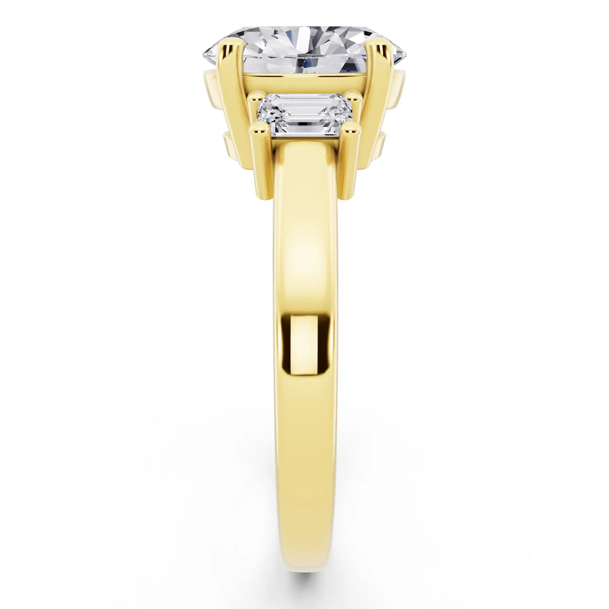 18 KT Yellow Gold Oval Cut Diamond Three Stone Emerald Accent Ring - side view