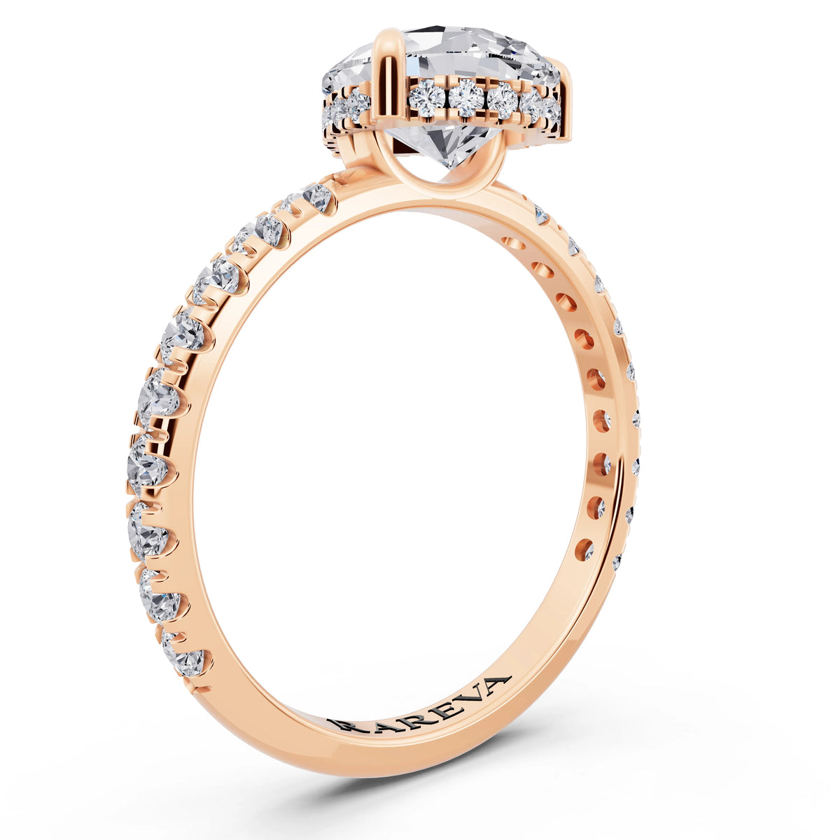 14 KT Rose Gold Pear Cut Diamond Solitaire Ring with Hidden Halo and French Pave Band - top view