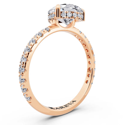 14 KT Rose Gold Pear Cut Diamond Solitaire Ring with Hidden Halo and French Pave Band - top view
