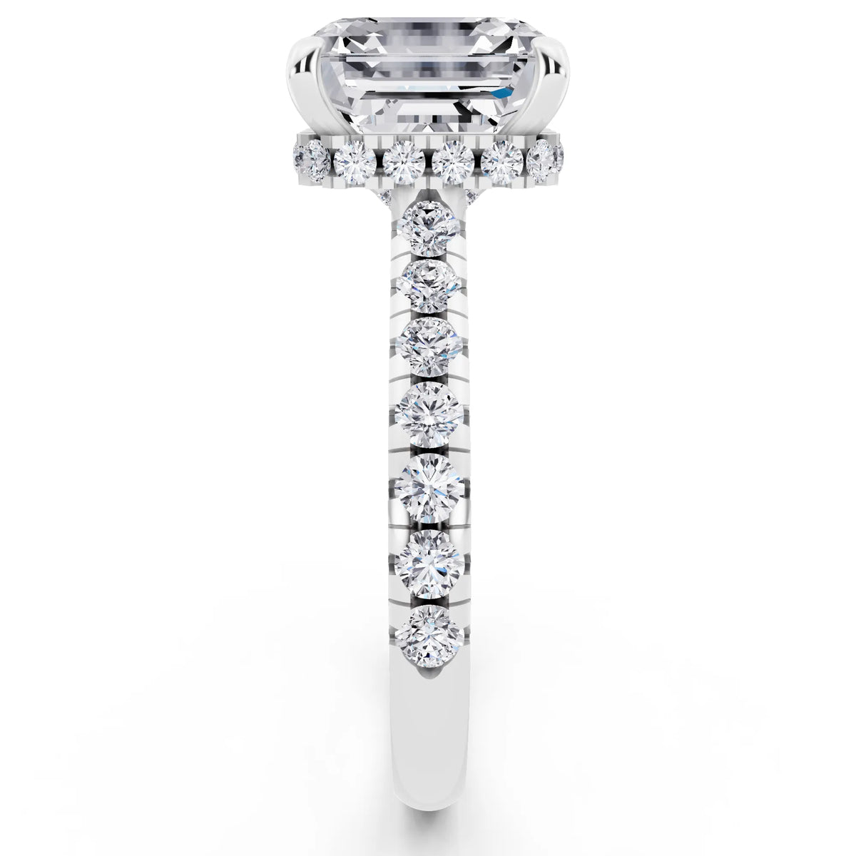 14 KT White Gold Asscher Cut Diamond Ring with Hidden Halo - side view