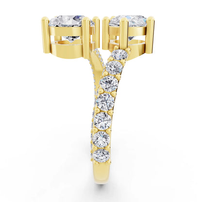 18 KT Yellow Gold Pear Cut Diamond Two Stone Ring with Pave Band - Side view