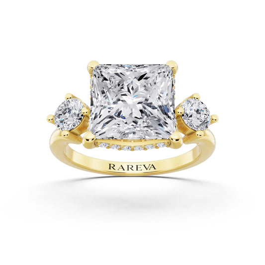 14 KT Yellow Gold Princess Cut Diamond Three Stone Engagement Ring with Hidden Halo - front view
