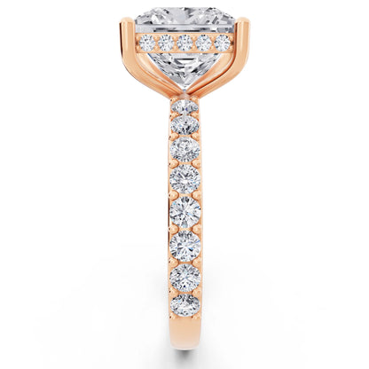 18 KT Rose Gold Princess Cut Diamond Solitaire Ring with Hidden Halo and Pave Band - side view