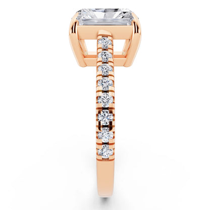 14 KT Rose Gold Radiant Cut Diamond Claw Prong Solitaire Ring with French Pave Band - side view