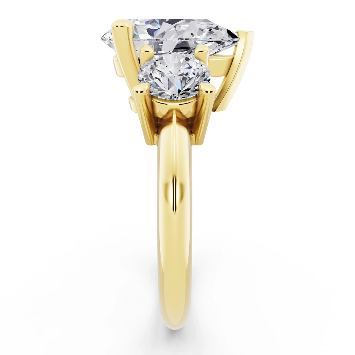 18 KT Yellow Gold Pear Cut Diamond Three Stone Ring with Round Accents - side view