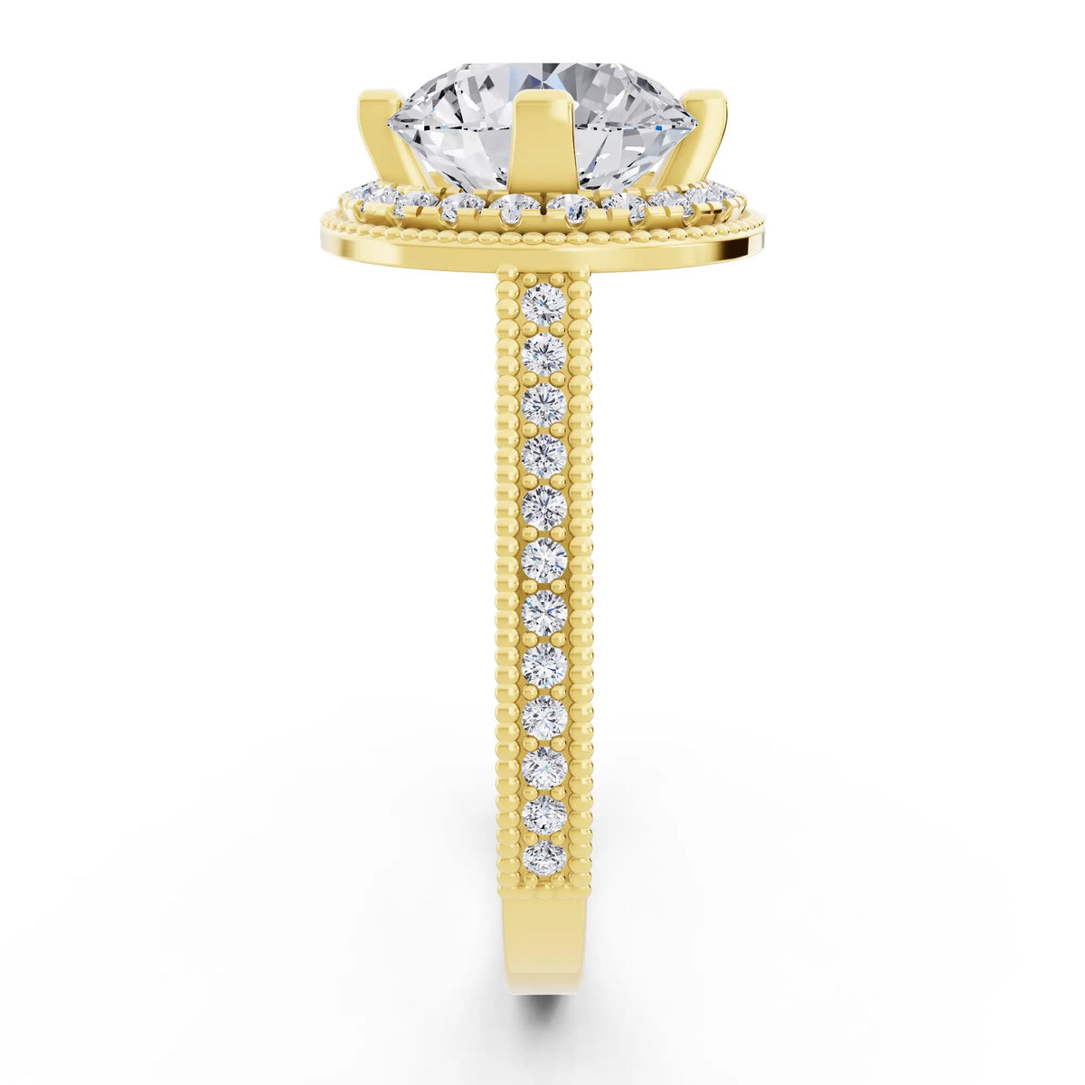 14 KT Yellow Gold Round Cut Diamond Vintage Halo Ring with Milgrain Band - Side view