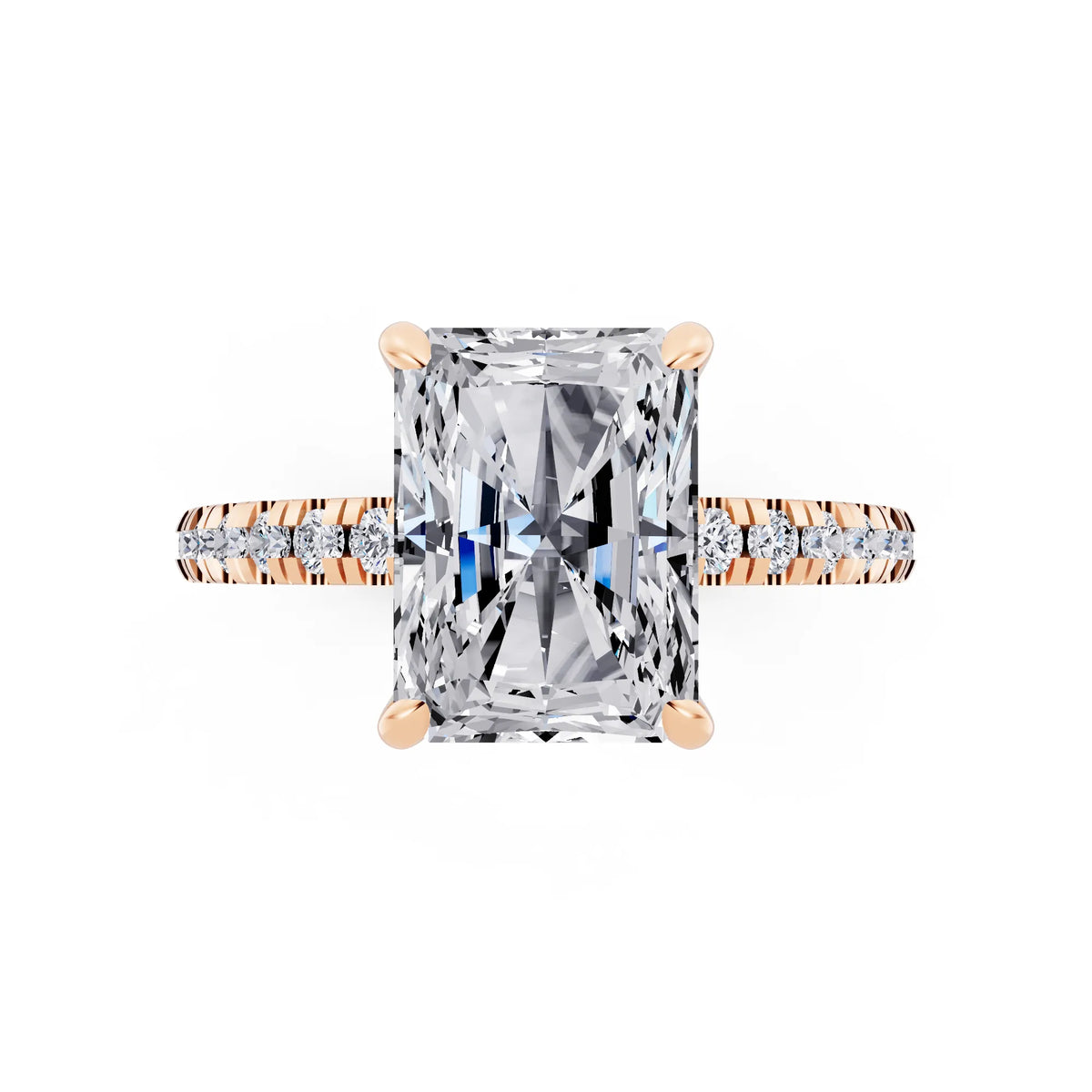 18 KT Rose Gold Radiant Cut Diamond Solitaire Ring with Marquise Collar - top angle