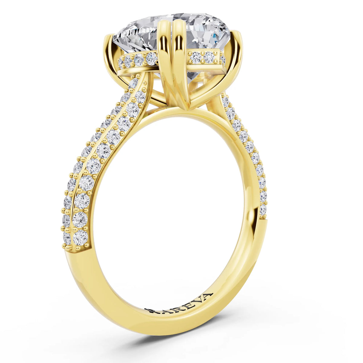 18 KT Yellow Gold Heart Cut Diamond Hidden Halo Double Claw Pave Band Ring - top view