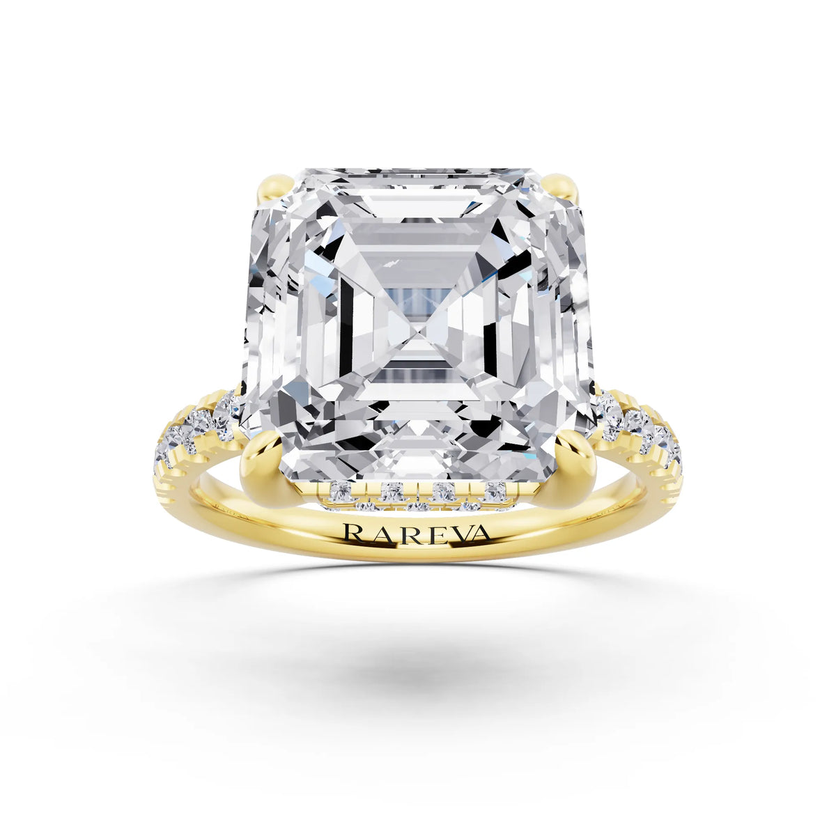 18 KT Yellow Gold Asscher Cut Diamond Hidden Halo Tiger Prong Pave Band Ring - front view