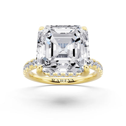 18 KT Yellow Gold Asscher Cut Diamond Hidden Halo Tiger Prong Pave Band Ring - front view