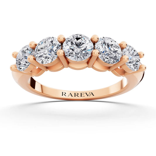10K Rose Gold Five Stone Round Cut Diamond Half Eternity Wedding Band - 2.5mm - Front
