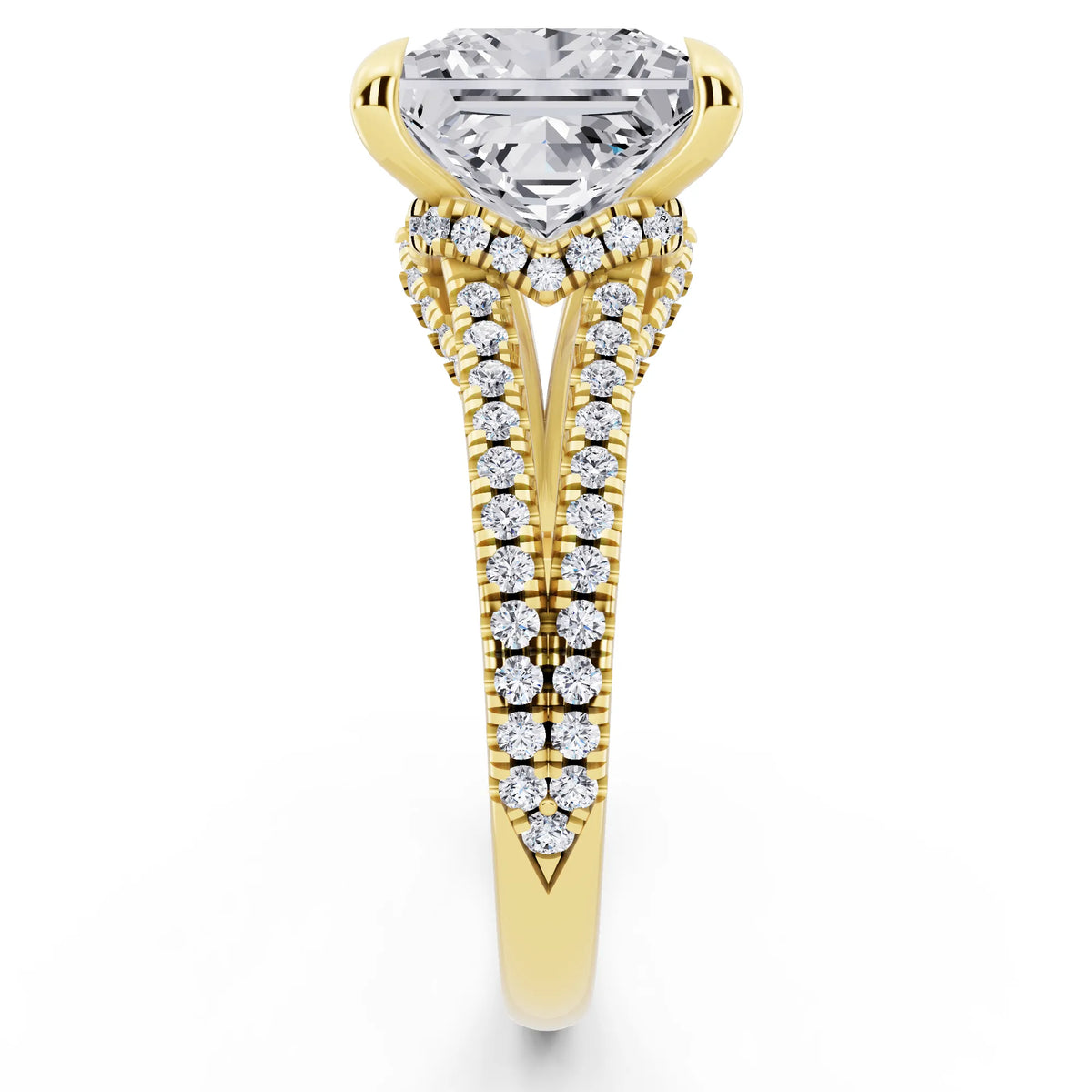 14 KT Yellow Gold Princess Cut Diamond Ring with Pavé Split Shank - side view