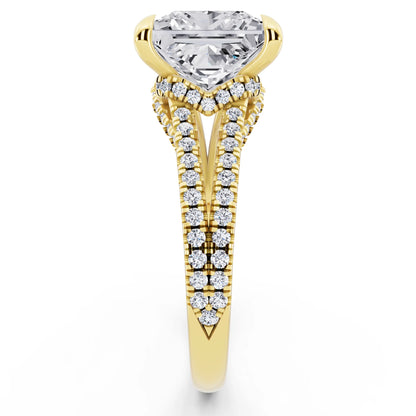 14 KT Yellow Gold Princess Cut Diamond Ring with Pavé Split Shank - side view