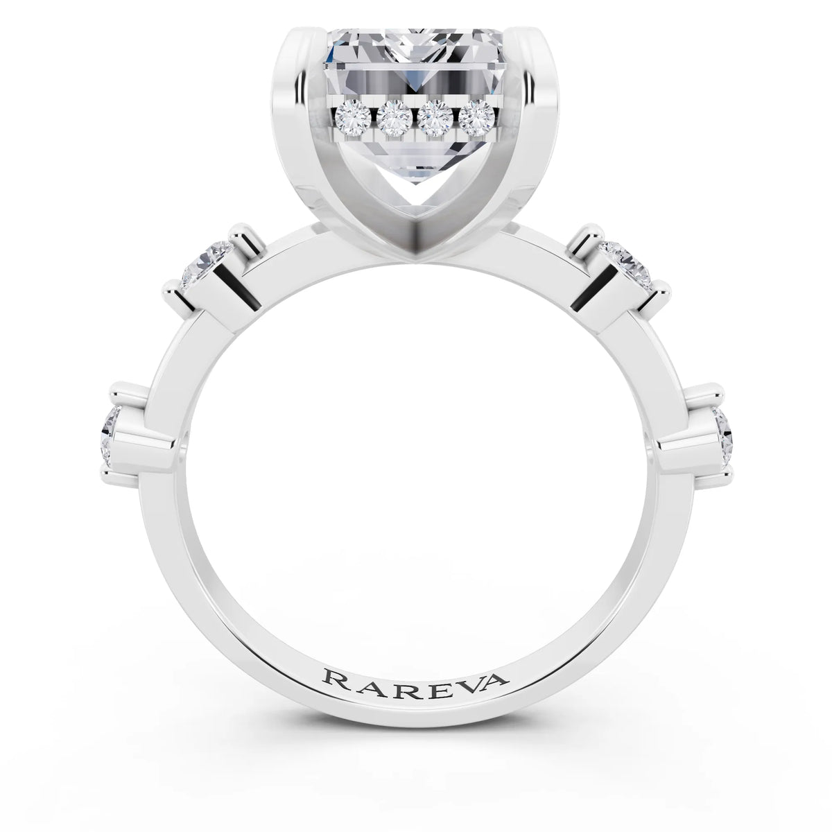 14 KT White Gold Emerald Cut Diamond Solitaire Ring with Floating Diamond Accents - through finger