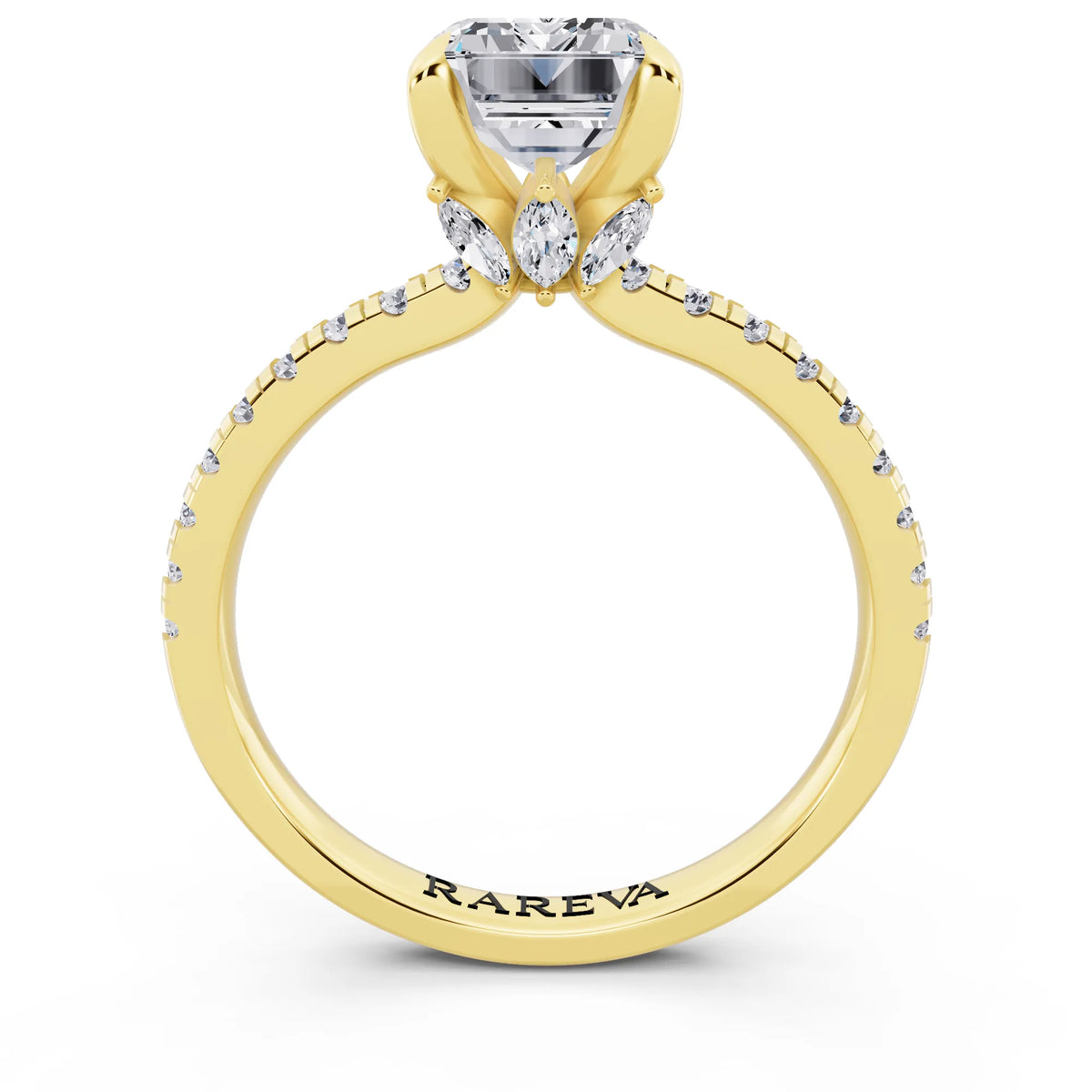 18 KT Yellow Gold Emerald Cut Diamond Solitaire Ring with Marquise Collar - through finger