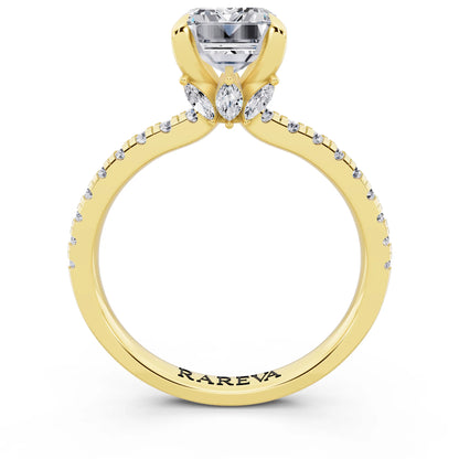 18 KT Yellow Gold Emerald Cut Diamond Solitaire Ring with Marquise Collar - through finger