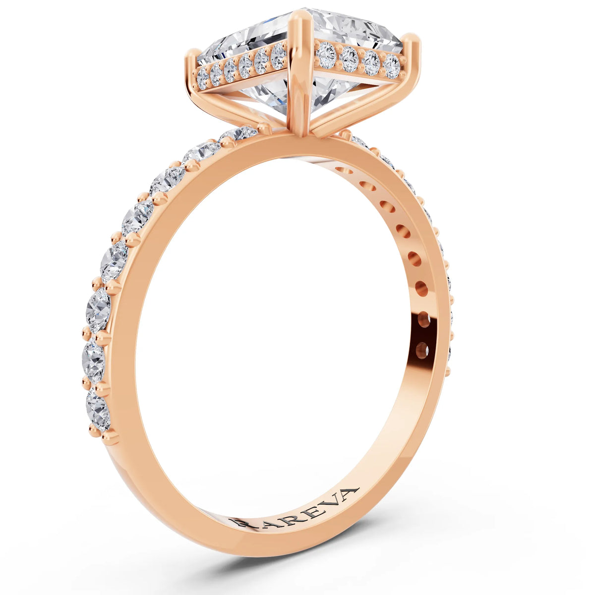 14 KT Rose Gold Radiant Cut Diamond Solitaire Ring with Hidden Halo and Pave Band - top view
